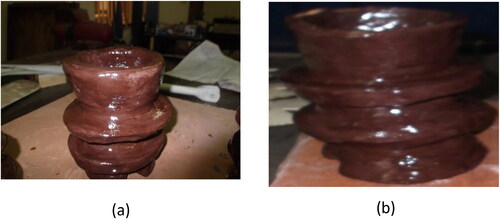 Figure 4. Sample of the clay insulator after. (a) Applying the glaze. (b) The application of gloss.