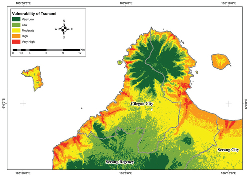 Figure 8. Map of the level of vulnerability of the west coast of Banten to the tsunami disaster.
