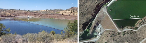Figure 3. Iron Gate Reservoir upstream and downstream of the intake barrier curtain during deployment on 27 Jul 2017 (left) and Google Earth satellite image of Iron Gate Reservoir with intake barrier curtain deployment and downstream Klamath River on 23 Aug 2019 (right).