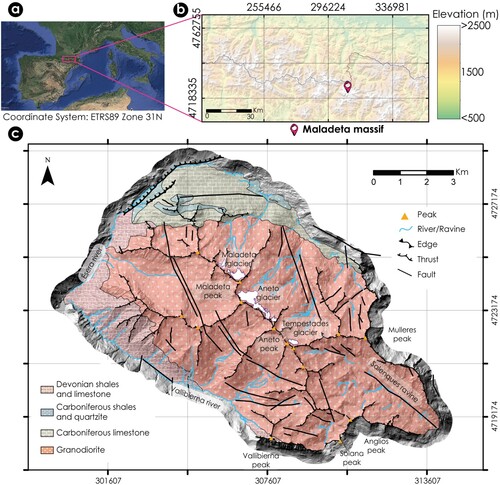 Figure 1. Location map of the Maladeta massif. (a) Location of the Pyrenees in Europe (Google Earth map). (b) Maladeta massif located in the Pyrenees; the pin indicates the location of the Maladeta massif in the Pyrenees. (c) Geological map of the Maladeta massif (modified data from the Instituto Geológico y Minero de España, IGME).