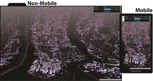 Figure 5. New York City (USA) in a ‘horizonless’ projection using the bendy-map interactive map (adapted from Richardson Citation2018). While the non-mobile version (left) produces a line-bending/mind-bending distortion reminiscent of the movie Inception, the mobile version (right) offers real utility as a focus+context visualization portraying immediately local context (assuming the user’s location is in Lower Manhattan) through an oblique, egocentric projection and more distance but potentially important wayfinding information through a more conventional, planimetric map projection.