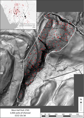 Figure 11. Potential charcoal burning platforms at West Hall Park, mapped from LiDAR (© Crown copyright and database rights 2023 Ordnance Survey (100025252)).