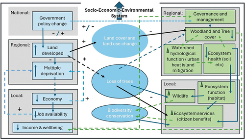 Figure 1. This human ecological schema, represents a simplified socio-economic-environmental system with many component parts (rectangles) that interact within and across levels of tree governance and organisation. The overall boundary of the whole S-E system is the solid black line, and the subsystems are in light blue or green in each of the large grey rectangles. The large black arrow at the top indicates that the overall system state or behaviour “emerges” as a result of the interactions. The interactions noted are not exhaustive (e.g. reduced national, regional or local economic-outputs could spur changes to national land use policy with regional or local land cover implications). Rural landscapes and urban spaces that include or have the potential to include trees or woodlands must be examined from diverse perspectives to fully understand their interconnections. This includes ecological or conservation and environmental drivers, but equally from the corporate economic and social perspectives of the social system to ensure good governance and management is afforded at the local and regional planning levels © Kevin Frediani Citation2024.