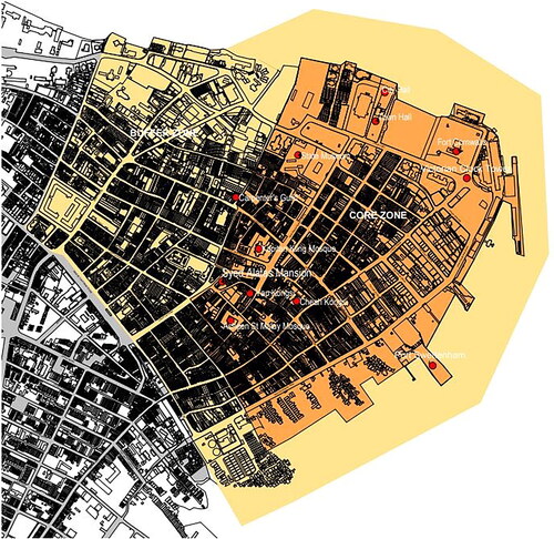 Figure 2. Map of core and buffer zones of the historic city of George Town. Note: The dark orange area represents the Core Zone, covering 109.38 hectares, while the light orange area represents the Buffer Zone, covering 150.04 hectares. Source: UNESCO, Citation2007 (https://whc.unesco.org/en/documents/101085/).
