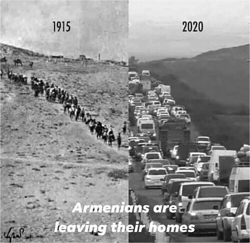 Figure 1. A collage circulated on social media during the war, drawing a comparison between Armenians deported during the 1915 genocide and Armenians fleeing Nagorno-Karabakh during the 2020 war.