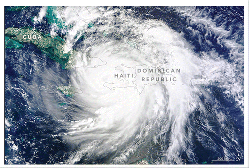Figure 2. NASA satellite image of Hurricane Matthew as Category 4 strength directly over Haiti on Oct 4, 2016. Photo by NASA. Source: https://www.nasa.gov/feature/goddard/2016/matthew-atlantic-ocean