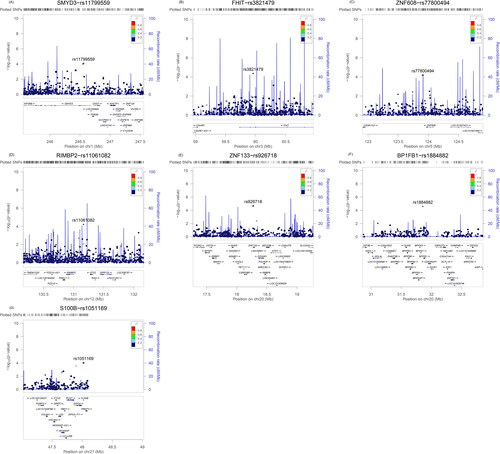 Figure 5. Regional plots for the 7 male-specific SNPs associated with asthma-COPD phenotype showing their respective genomic locations. (A) rs11799559 in SMYD3 gene. (B) rs3821479 in FHIT gene. (C) rs77800494 near ZNF608 gene. (D) rs11061082 near RIMBP2 gene. (E) rs926718 in ZNF133 gene. (F) rs1884882 near BPIFB1 gene. (G) rs1051169 in S100B gene.