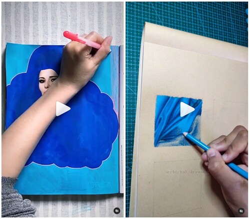Figure 1. Screenshot of an example reel for a left- and right-handed artistic activity. Screenshot taken and used with permission by the artists (left: Naomi Vona, @mariko_koda; right: Ebtehal Salah; @ebtehal_drawing). Note: neither of the two artists is part of the present sample. [To view this figure in colour, please see the online version of this journal.]
