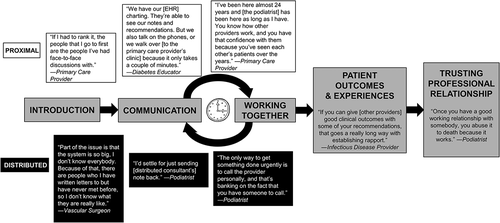 Figure 1. Conceptual model outlining the general process of how provider-to-provider trust is built, and quotations highlighting how this process differs based on proximity