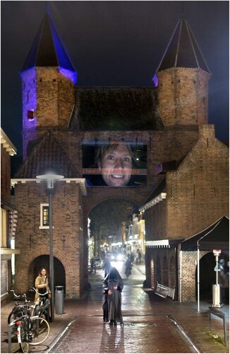 Figure 12. ASL1 ‘Tele_Trust’ (2009). Amersfoort. Image © Lancel/Maat. Commissioned by Lumineus Amersfoort. In the historical city centre, the DataVeil was explored as a novel control device, replacing the medieval city wall by a hybrid surveillance ‘Dataveil Network’.