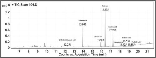 Figure 2. GC-MS chromatogram of fatty acid profiling of Erythrina stricta seed oil.