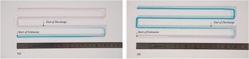Figure 5. Image of the 3D-printed line for determining the amount of discharge needed: (a) transition from the hard-cured polyol to the flexible-cured polyol, (b) transition from the flexible-cured polyol to the hard-cured polyol.