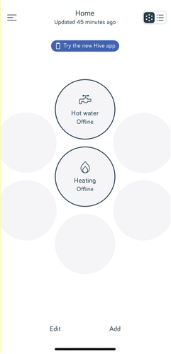 Figure 5. The hive application shows the heating system as ‘offline’ when the thermostat is removed from the home.