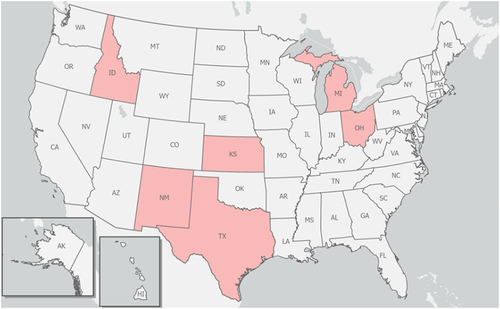 Figure 1. US jurisdictions with confirmed cases of HPAI H5N1 virus infections in dairy herds as of April 5, 2024 (Idaho, Michigan, Ohio, Kansas, New Mexico, and Texas shown in pink colour). It is noteworthy that a cattle worker in Texas and a poultry worker in Colorado were tested positive for H5N1 in 2024 and 2022, respectively. Graphic and data were derived and adapted from online sources (e.g. CDC and USDA-APHIS).
