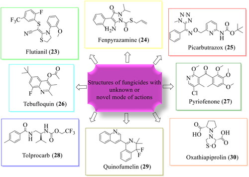 Figure 6. Chemical structures of various fungicides with unknown or novel mode of actions (Hagiwara et al., Citation2019; Heo et al., Citation2023; Hillebrand et al., Citation2019; Ito et al., Citation2023; Kimura et al., Citation2017; Ogawa et al., Citation2023; Salas et al., Citation2019).