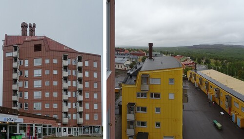 Figure 8. Ralph Erskine. Ortdrivaren quarter, Kiruna, 1959–62. Detail of roofs: Spottkoppen (left) and Mullbänken and Berlinmuren (right), 2021. Photo: Elena Poma.