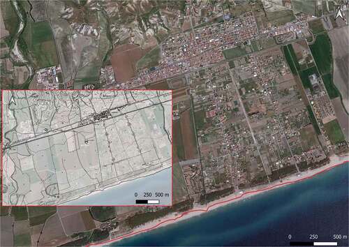 Figure 7. Botricello. Large panel: shoreline of 1954 (red line) with background Google satellite image of May 2021. Small panel: overlap between 1954 CASMEZ cartography and Google satellite image of May 2021.
