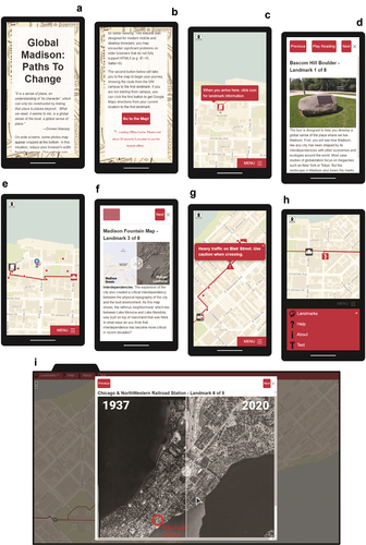 Figure 12. Mobile-first user experience design of Global Madison (adapted from Roth et al. Citation2018). Global Madison (www.geography.wisc.edu/globalmadison) is a free guided tour that uses the streets of Madison WI (USA), as a mobile classroom for teaching and learning about globalization in introductory courses on Geography and International Studies at the University of Wisconsin−Madison. The figure depicts the recently released version 2.0 of Global Madison, an update from version 1.0 shown in Roth et al. (Citation2018). 2018 A: The landing page provides basic background about the guided tour and recommendations for best mobile viewing. B: All website assets are cached to the browser from the landing page so that students can download larger image and audio files while on campus wireless, enabling offline viewing away from campus to prevent a cost to student data plans; students begin the tour by clicking the ‘Go to the Map!’ button, setting the expectation for all future UI widgets to use red as the primary visual affordance. C: A startup tooltip highlights the first location on the tour, instructing students to click on the icon when arriving at the site. D: Clicking the first site activates a dialog window covering the entire viewport that contains information about the site; students either can read chunked story text with images or listen to an audio recording of the text with descriptions for images. E: A route is presented between sites to support wayfinding, along with a context point cloud of additional landmarks to explore along the guided tour; at any time, the user can search for their location (shown in blue), but an egocentric ‘tracking mode’ is not updated continuously to preserve battery life while walking along the tour (versus driving or flying, where charging is possible). F: Students capture notes for three critical thinking prompts at each site regarding globalization – interdependencies, inequalities, and alternatives – which are then compiled for their ‘visual essay’ assignment extending and enriching Global Madison content with pictures and descriptions of their own reading of the landscape while completing the guided tour. G: Text and audio alerts are presented for unsafe crossings and other important warnings identified from past iterations of the assignment. H: Advanced functionality is minimized through a ‘hamburger’ menu placed at the bottom of the display for thumb-based interaction. I: The guided tour is responsive for non-mobile to support writing of the visual essay after completing the guided tour, with the non-mobile map having a smaller default scale, geolocation deactivated, smaller icons and typeface for non-touch pointing, and a persistent UI footprint at the top of the page typical for Western reading.