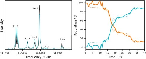 Figure 4. Left: Hyperfine resolved spectrum for the 21+←11− rotational transition in ND3 using single frequency pulses of 30μs duration. The F1′←F1″ quantum numbers referring to coupled rotational angular momentum J and nitrogen spin IN by F1→=J→+IN→ are indicated. Right: Measured (orange solid lines) and predicted (orange dashed lines) depletion in 11− population (orange) and corrsponding derived gain in 21+ population (cyan) throughout a 40μs THz chirp covering 3.6MHz from 614,969.418MHz to 614,965.818MHz.