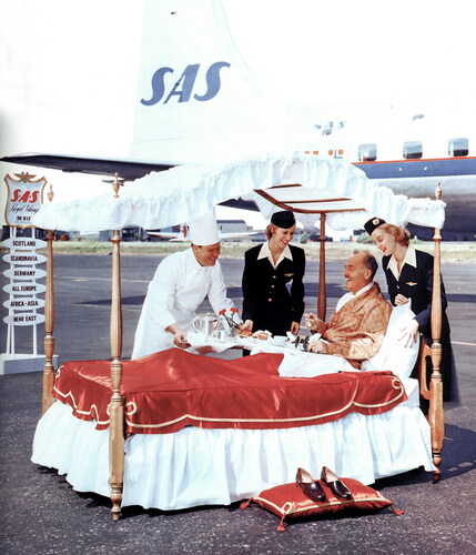 Figure 2. Visual representation of the discourse of Aspirational luxury, illustrating the storyline appreciation of the journey. Advertisement from SAS for their new service of breakfast in bed in the 1950s. Photo: © SAS/The SAS Museum Oslo airport Norway. Reproduced by permission of The SAS Museum.
