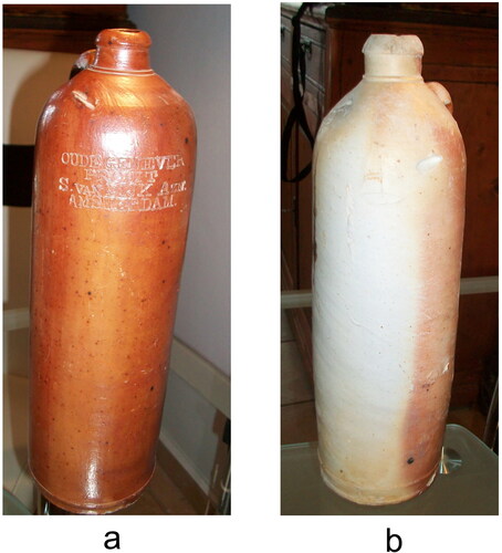 Fig 6 (a) Gin bottle still in use by the locals with the stamp from OUDE GENEVER/FROSIT/S. VAN DIJK AZN./AMSTERDAM. (b) A bottle collected from a local from the fields and currently in display at a Kytherian House.