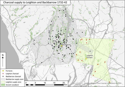 Figure 12. Distribution of charcoal supplied to the Leighton and Backbarrow furnaces between 1731 and 1742 together with the distribution of current ancient woodland mapped by Natural England (Open Government Licence Version 3). Contains OS data © Crown copyright and database right (2023).