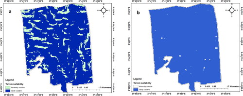 Figure 7. Terrain distribution suitability map for bean (a) and cassava (b).
