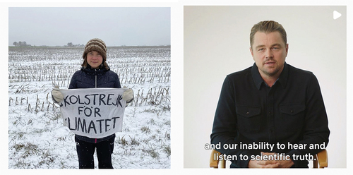 Figure 1. Climate macro-influencers: Screenshots of extracts from activist macro-influencer @greathunberg and star macro-influencer@leonardodicaprio.
