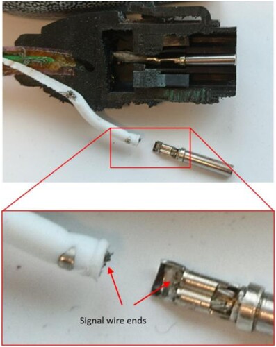 Figure 14. Severed signal wire inside the type B connector. (Images are available in colour online)