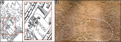 Fig. 15: Two examples of the use of fire in warfare depicted in Assyrian reliefs; a) part of the Lachish relief from Sennacherib’s palace at Nineveh (Ussishkin Citation1982: Fig. 78; drawing by Judith Dekel); note the torches thrown from above and the Assyrian soldier pouring water in front of the siege engine; b) a relief from Ashurbanipal’s palace at Nineveh depicting the Assyrian conquest of an Egyptian city; an Assyrian soldier setting the city gate on fire is marked (photo: Osama Shukir Muhammed Amin FRCP [Glasg], CC BY-SA 4.0, via Wikimedia Commons)