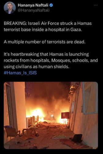 Figure 6. A now deleted tweet by Hananya Naftali following the bombing of al-Ahli Arab Hospital in Gaza City on October 17, 2023.Source: Hananya Naftali (@HananyaNaftali), Twitter, October 17, 2023 (see endnote Footnote99).