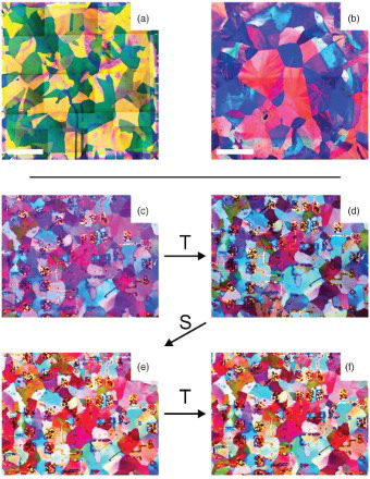 Figure 3. POM images of the best outcomes obtained using optimised (a) thermal- and (b) solvent-annealing processes. The images are composites of 25 smaller overlapping fields to enable the entire 10×10 mm area of the chip to be imaged (n.b., the tile-like contrast changes are an artefact). The white scale bars indicate 2 mm. (c–f) POM sequence showing the effect of alternating thermal (T) and solvent (S) anneals. The sequence begins with a solvent-annealed film (c), the remaining images are obtained after (d) a 2 min thermal anneal at 95°C, (e) a 2 min solvent anneal in dichloroethane vapour and (f) a second 2 min thermal anneal at 95°C. No visible change in the crystalline domain structure is obtained after the initial anneal confirming that both anneals drive towards the same crystal structure.