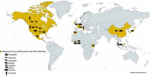 Figure 1. Locations where IDV or IDV antibodies have been detected, as well as the locations of environmental/occupational exposures are shown. Adapted from (14).