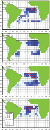 FIGURE 5. Seasonal fishing effort and Blue Shark (BSH) size (FL, cm) recorded by Taiwanese observers on longline fishing vessels operating in the South Atlantic from 2004 to 2013 (seasons are defined in Methods). The color scale within grid cells represents fishing effort, with darker blue representing more hooks and lighter blue representing fewer hooks. The size of the red dots indicates the mean FL categorized using 25th percentiles of the data.