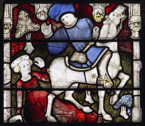 Fig. 16. York Minster, St William window (nVII), panel 24d. An aristocratic lady is knocked over by a mounted manThe York Glaziers Trust, reproduced courtesy of the Chapter of York