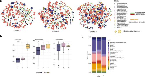 Figure 2. (a) Co-occurrence networks of the microbiome of each cluster of patients. (b) Alfa diversity indexes per cluster (c) Relative abundance of the top 20 genera according to each cluster.
