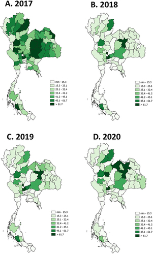 Figure 1 Number of patients with septic arthritis per 100,000 by hospital-based visit. (QGIS software version 3.8.2: an open source and free software of geographic data system information was used for generating the maps; https://www.qgis.org/en/site/). (A) Number of septic arthritis in 2017 (prevalence cases). (B) Number of new cases of septic arthritis in 2018 (incidence cases). (C) Number of new cases of septic arthritis in 2019 (incidence cases). (D) Number of new cases of septic arthritis in 2020 (incidence cases).