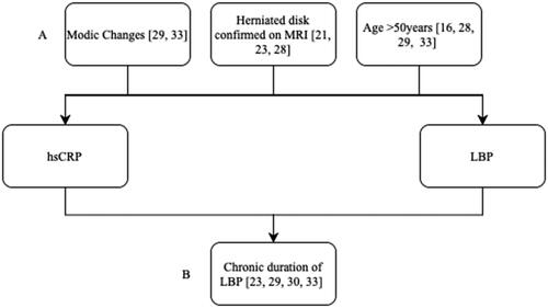 Figure 4. Relationship between hsCRP, LBP and confounding (A) factors (modic changes, herniated disk confirmed on MRI and age) and collider (B) factors (chronic duration of LBP) that are included in the studies analysed.
