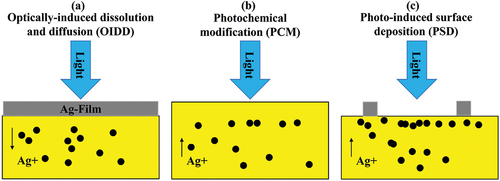 Figure 12. Schematic illustration comparing the three photoionic phenomena of metallic ions (Ag) in host medium (chalcogenides) (a) Optically-induced dissolution and diffusion (OIDD). (b) Photochemical modification (PCM). (c) Photo-induced surface deposition (PSD). The small black dots represent the Ag atoms, and the arrow denotes the direction of ionic migration. This illustration has been redrawn from Ref [Citation23].