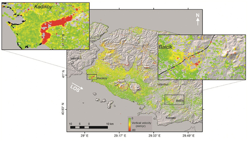 Figure 7. Mean vertical velocity map of Istanbul and Kocaeli. Black dashed polygons are mainly landslide areas or forest. The black rectangles are Kadikoy and Balcik.