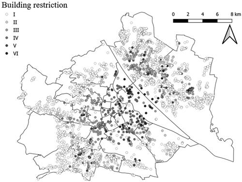 Figure 1. Locations of the land plots in the transaction price dataset, subdivided by building restriction types (see Appendix for building codes).