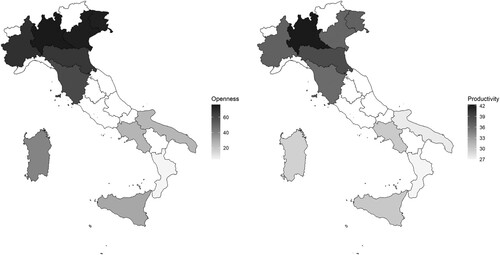 Figure 6. Regional trade openness index (imports + exports) as percentage of regional GDP (left panel) and productivity (right panel), selected Italian regions, averages 2015–2019. Source: Own elaboration based on ISTAT-Ice yearbook and ISTAT data, territorial accounts. Note: White regions represent minor, or ‘hybrid’, regions excluded from the analysis. Productivity is measured as GVA per hour worked.
