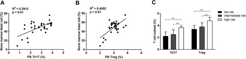 Figure 4. Treg and Th17 frequencies are positively correlated with high-risk stratification. (A) Positive correlation between PB Th17 cell frequency and bone marrow blast cells. P < 0.01, R2 = 0.3912. (B) Positive correlation between PB Treg cell frequency and bone marrow blast cells. P < 0.01, R2 = 0.4502. (C) The relationship between T cell subsets and risk stratification. **P < 0.01 vs. the high-risk group.