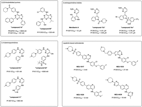 Figure 3. Scaffolds of small molecule kinase inhibitor series with antimalarial activity. Indicated below the structures are their EC50 values determined in asexual blood stage viability assays on various parasite clones.