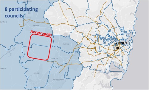 Figure 1. A map showing the general location of the Aerotropolis relative to the existing eastern harbour Sydney Central Business District and current rail network (thin lines branching from the CBD). The shaded areas on the left show the jurisdiction of eight local councils engaged in the CD.