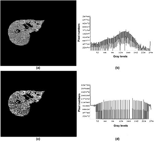 Figure 2. Histogram Equalization (a) Liver image before HE. (b) Pre HE graph, (c) Liver image after HE, (d) Post HE graph (Ciecholewski, Citation2007).