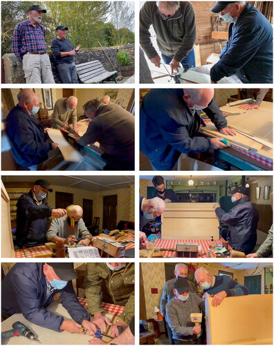 Figure 6. Sequentially, from top row: Fred observing sessions, singing with joe, holding wood for les, wafting away dust, sanding, carving, finishing, and assembling the Tambour cabinet. Images credit: Henry collingham.