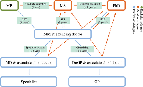 Figure 2. The suggested cultivation process in the medical education system. Abbreviations: MB, bachelor of medicine; MS, master of medical science; PhD, doctor of philosophy; SRT, standardized resident training; MM, master of medicine; GP, general practitioner; MD, doctor of medicine; DoGP, doctor of general practice.