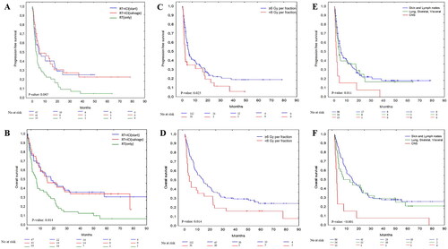 Figure 3. Kaplan-Meier curves illustrating progression-free survival and overall survival in metastatic melanoma patients treated with radiotherapy (RT) ± immunotherapy (ICI). Section A and B presents survival in the RT + ICI(start)-cohort (RT at start of ICI), RT + ICI(salvage)-cohort (RT at progression on ICI) and RT(only)-cohort (RT without ICI). Section C and D shows survival in patients treated with ≥6 or <6 gray (Gy) per fraction (all RT/ICI cohorts combined). Section E and F shows survival dependent on which organ was irradiated, skin and lymph nodes or lung, skeletal and visceral or central nervous system (CNS) (all RT/ICI cohorts combined).