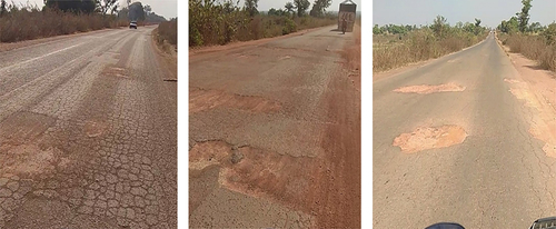 Figure 2. Some sections of the Lafia-Shendam Road showing cracks and potholes on the road pavement.